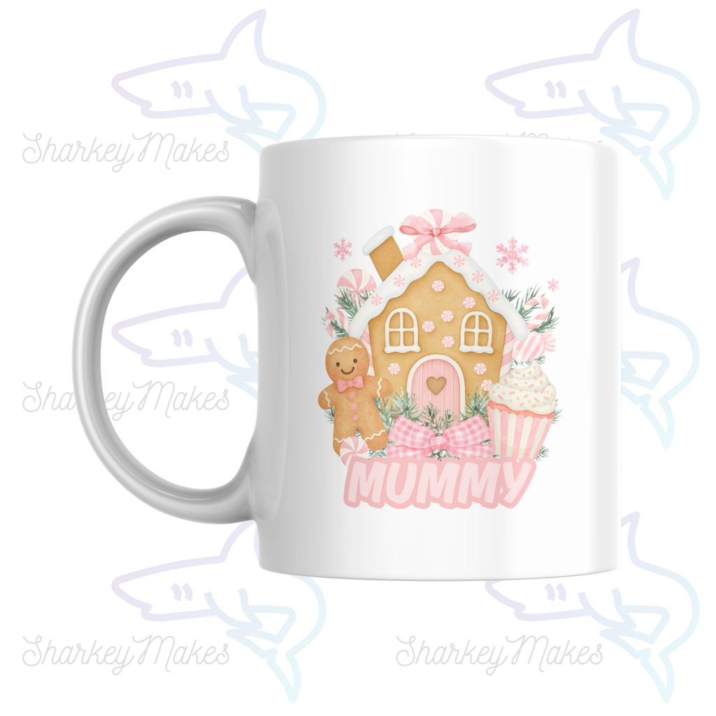 Personalised Christmas Mug – Gingerbread House Design | Available in Pink or Blue